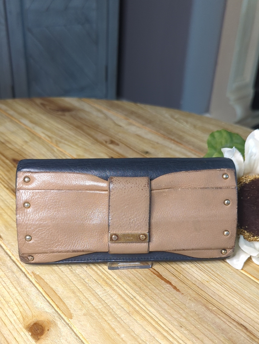 Chloe Leather Bow Accent Wallet Clutch
